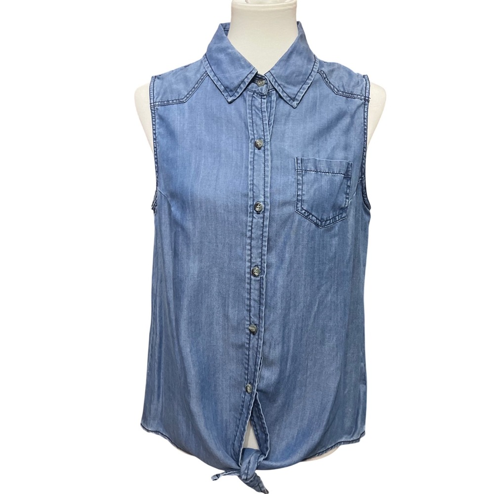 Velvet Heart Womens Western Blue Chambray Tencel Sleeveless Tie Front Shirt L
